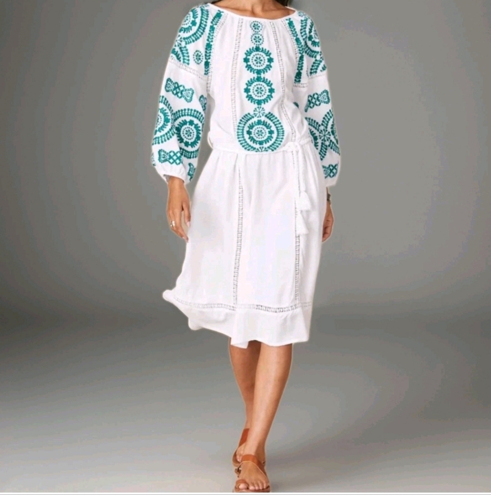 Sundance Tolani Suzume Dress Woman Large White Medallion Teal Embroidered